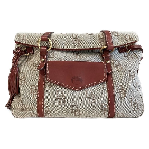 Dooney & Bourke Handbags - LIKE NEW - Dooney & Bourke Large Tan Canvas and Burgundy Leather Tote Bag
